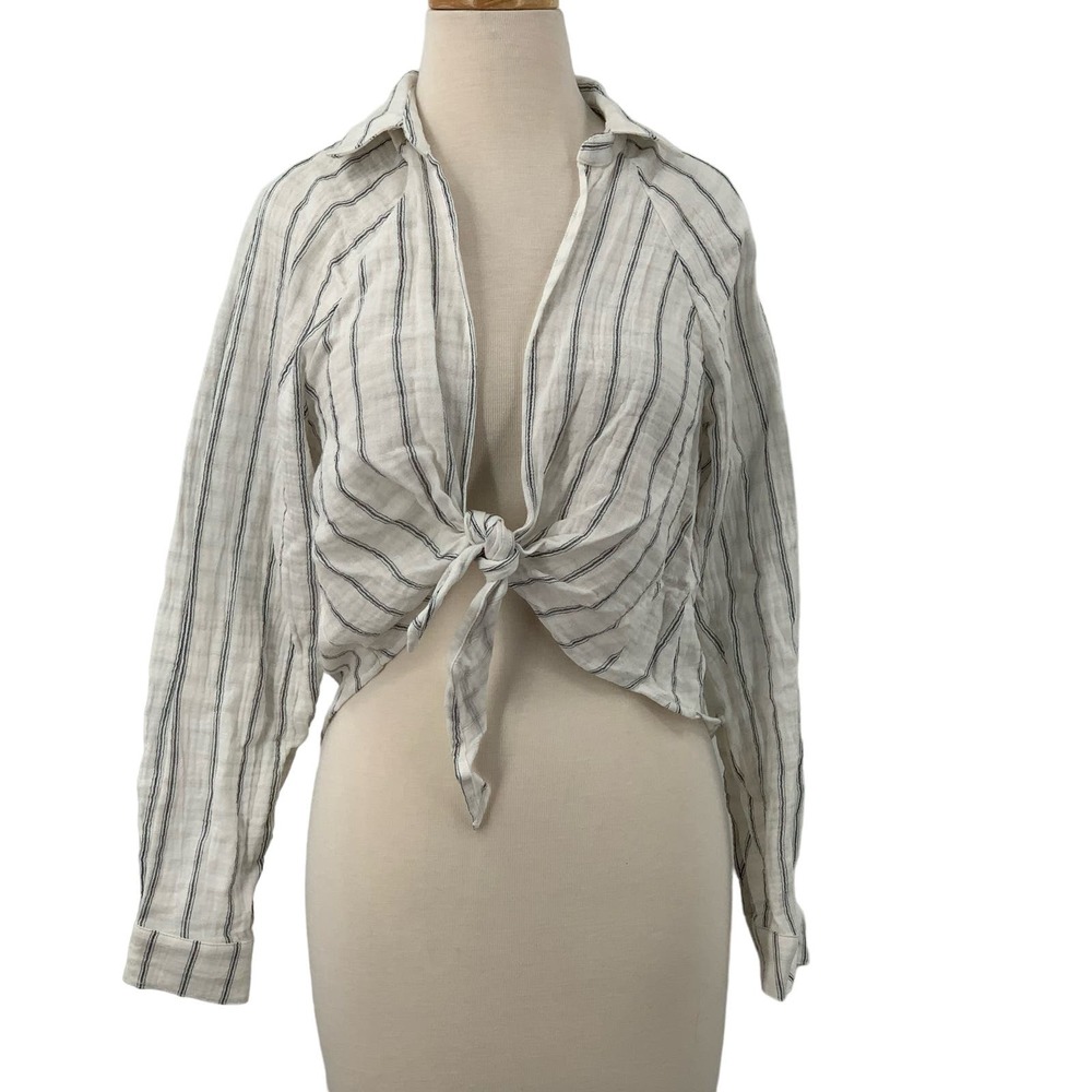 NWT Forever 21 Long Sleeve Crinkled Tie Front Top White/Navy Striped S